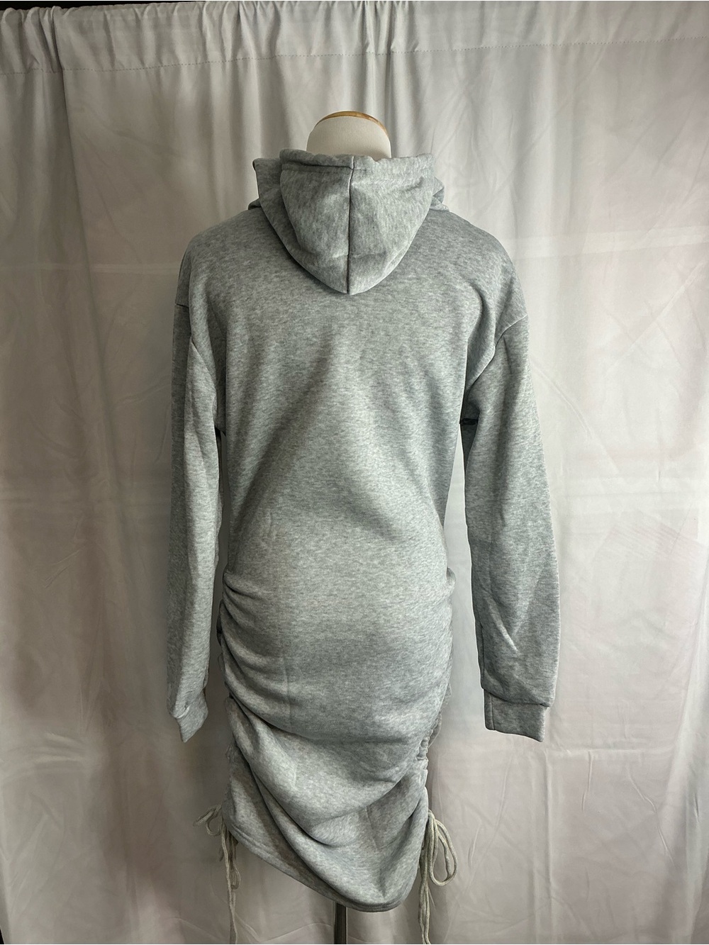 2396 -Casual Drawstring Ruched Hooded Bodycon Mini Sweatshirt Dress - Picture 10 of 16
